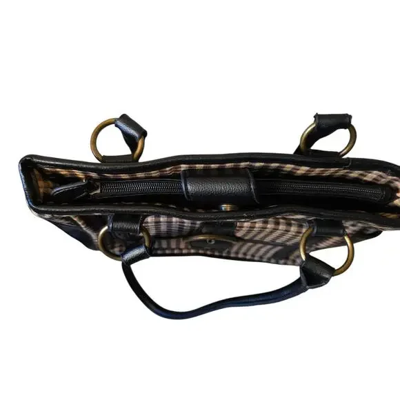 Vintage Longaberger Houndstooth Tote Brown Black Leather Trim Shoulder Bag - Picture 5 of 10